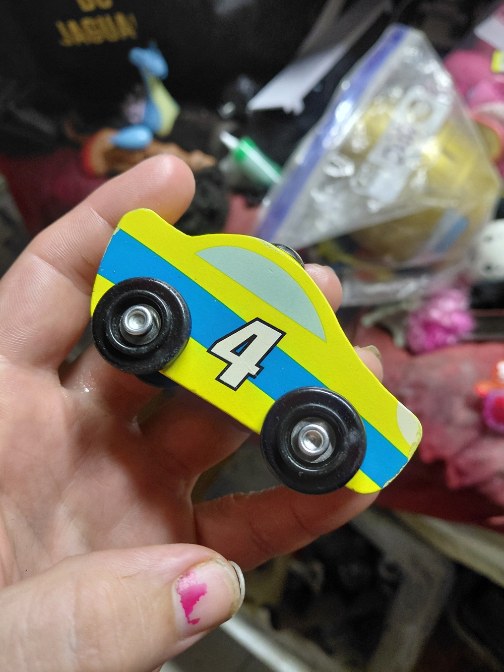 Melissa & Doug Yellow Wooden Race Car with Blue Stripe and Number 4